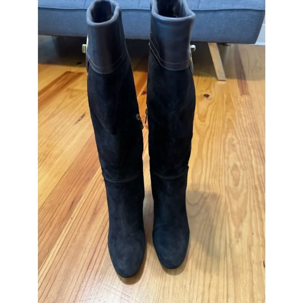 Tory Burch Selma Mid Heel Tall Riding Boots Womens SIZE 8.5M Brown Suede Leather